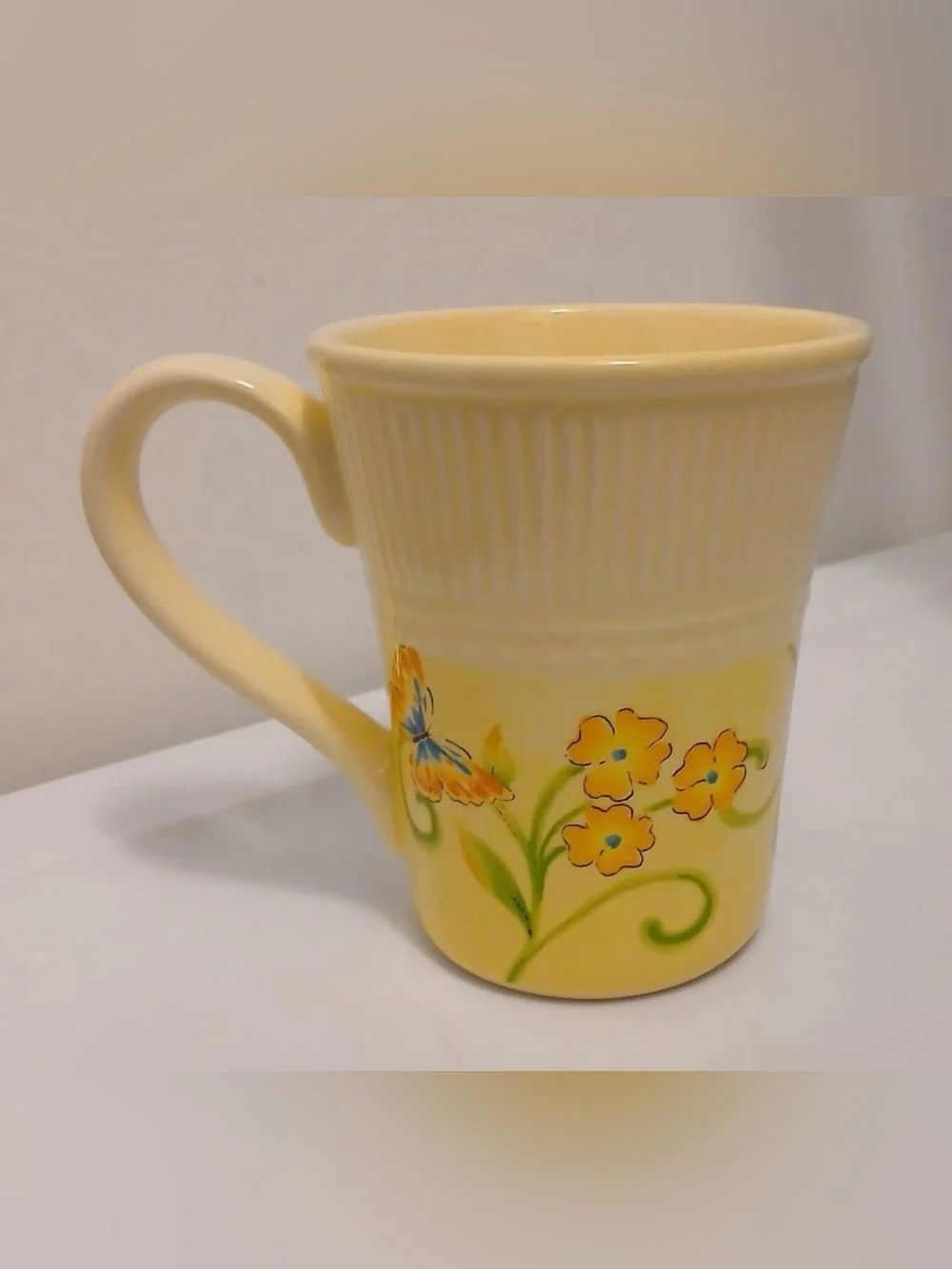 Pier 1 Imports Botanica Light Yellow Floral Butterfly Coffee Tea Mug 14oz